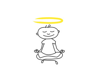 A man meditates while sitting in the lotus position. Hand-drawn, doodle character with a halo over his head. The boy is doing yoga.