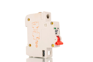 One circuit breaker, close-up, isolated on a white background.