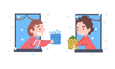 Cute Little Boy and Girl Looking out of Window Giving or Receiving Christmas Gift