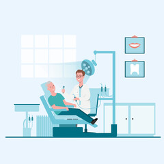 Concept dentist, doctor and nurse standing in hospital room with dental tools
