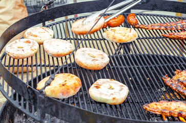 Grilled pita. Grilled meat ribs. Barbecue, grilled. Cooking meat on coals. Delicious juicy meat food.