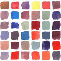 Multicolored brush strokes with watercolor texture. Gradients with overlay. Paper texture. White background.
