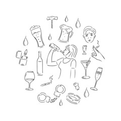 Female alcoholism set. Collection of vector elements in sketch style. A woman drinks from a bottle, glasses for wine, vodka, champagne, a bottle, handcuffs, a cigarette with an ashtray