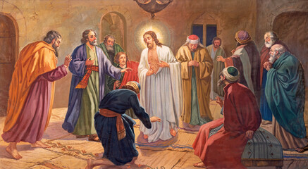 VALENCIA, SPAIN - FEBRUAR 17, 2022: The painting of Apparition of resurrected Jesus to apostle in...