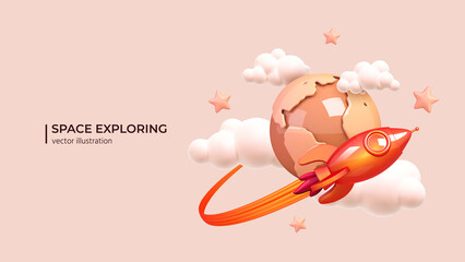 Rocket takes off in the starry sky - Space exploring concept. Realistic 3d design of Rocket launching on the space mission or tourism in cartoon minimal style. Vector illustration