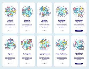 International cooperation onboarding mobile app screen set. Development walkthrough 5 steps graphic instructions pages with linear concepts. UI, UX, GUI template. Myriad Pro-Bold, Regular fonts used
