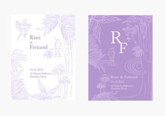 Floral wedding invitation with forest theme in violet shade background