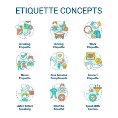 Etiquette concept icons set. Set of rules and norms. Ethical behavior. Politeness idea thin line color illustrations. Isolated symbols. Editable stroke. Roboto-Medium, Myriad Pro-Bold fonts used