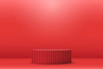 Red ribbed podium on red background with shadow.Vector illustration
