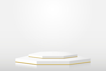 White hexagonal podium. Minimal scene white with gold. Vector rendering of 3d shape, product display presentation.