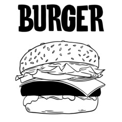 Burger illustration by hand, fast food, appetizing sandwich, iconic food, retro style.