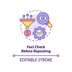 Fact check before reposting concept icon. Internet communication. Netiquette rule abstract idea thin line illustration. Isolated outline drawing. Editable stroke. Arial, Myriad Pro-Bold fonts used