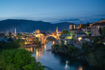 Fototapeta na wymiar View of Mostar at Dusk, Bosnia and Herzegovina