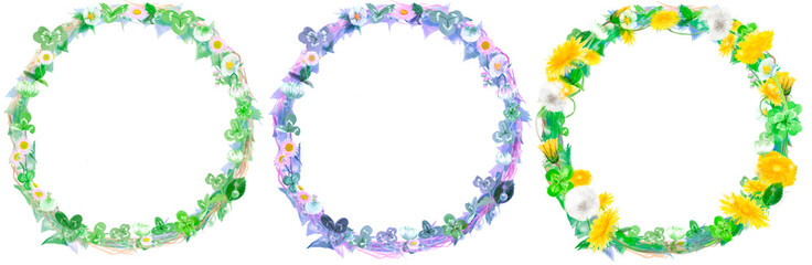 四葉のクローバーとシロツメクサとたんぽぽのフラワーリース水彩画風イラスト	
