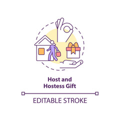 Host and hostess gift concept icon. Bring present to dinner party. Social etiquette abstract idea thin line illustration. Isolated outline drawing. Editable stroke. Arial, Myriad Pro-Bold fonts used