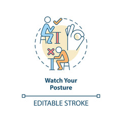Watch your posture concept icon. Keep elbows off table. Restaurant etiquette abstract idea thin line illustration. Isolated outline drawing. Editable stroke. Arial, Myriad Pro-Bold fonts used