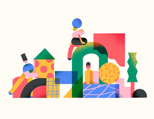 cartoon house with children/ geometric shapes playground with people