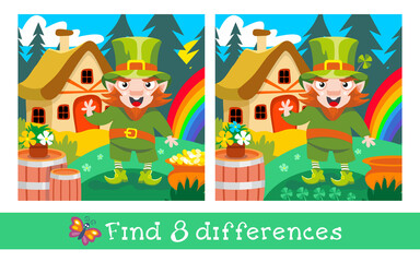 Obraz na płótnie Canvas Find 8 differences. Game worksheet for children. Leprechaun with shamrock. Cartoon cute character. Vector color illustration. Fairy tale little man picture.