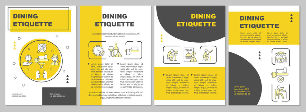 Dining etiquette yellow brochure template. Set of rules and norms. Leaflet design with linear icons. 4 vector layouts for presentation, annual reports. Arial-Black, Myriad Pro-Regular fonts used