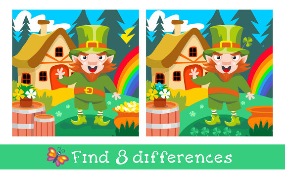 Find 8 differences. Game worksheet for children. Leprechaun with shamrock. Cartoon cute character. Vector color illustration. Fairy tale little man picture.