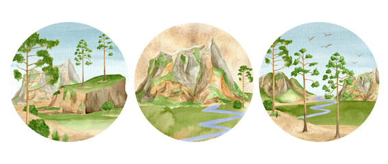 Set of watercolor summer landscape round illustrations. Hand painted green valley, mountain range, river and pine trees in circle shape isolated on white background. Summer nature composition.