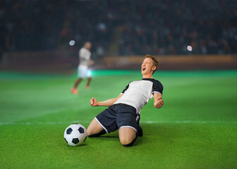  emotional professional soccer player in blue and white uniform with ball standing on knees on...