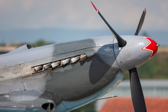 Payerne, Switzerland - September 7, 2014: Nose of Yakovlev Yak-3M World War II fighter aircraft D-FYGJ showing exhaust stacks from the Allison V-12 engine.