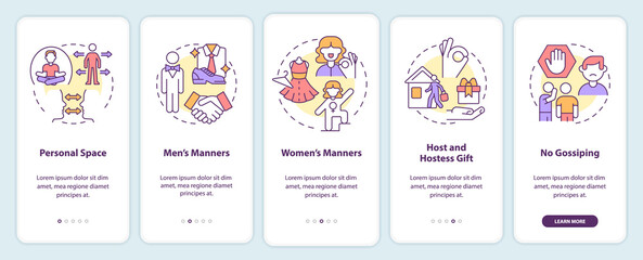 Social etiquette onboarding mobile app screen. Rules of behavior walkthrough 5 steps graphic instructions pages with linear concepts. UI, UX, GUI template. Myriad Pro-Bold, Regular fonts used