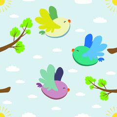 Vector seamless pattern with birds and branches