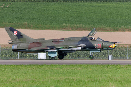 Payerne, Switzerland - August 29, 2014: Polish Air Force (Sily Powietrzne) Sukhoi Su-22M4 (Sukhoi Su-17) fighter/attack aircraft.