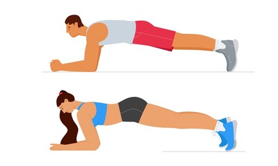 Young couple man and woman doing workout, exercising in plank. Flat vector illustration isolated on white background