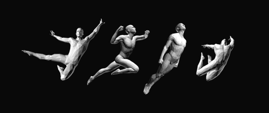Models of polygonal people in different poses. Freedom, leadership or development concept. Men is dancing and jumping. Design for sport. 3D human body model. Vector for brochure, flyer or banner.