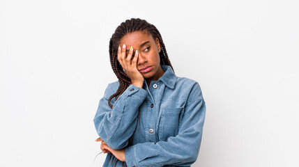 afro pretty woman feeling bored, frustrated and sleepy after a tiresome, dull and tedious task,...
