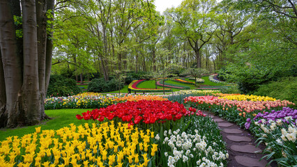 Landscape of colorful beautiful blooming tulip field in Lisse KEUKENHOF Park Holland Netherlands in spring, with fresh green meadow and trees - Tulips flowers background - obrazy, fototapety, plakaty