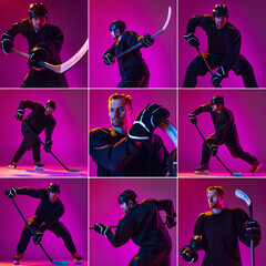 Collage of portraits of professional male hockey player wearing protect uniform training hockey...
