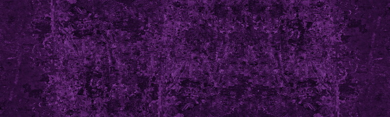 Dark purple old rough wall wide panoramic texture. Textured surface color large long backdrop. Violet dramatic gloomy abstract background