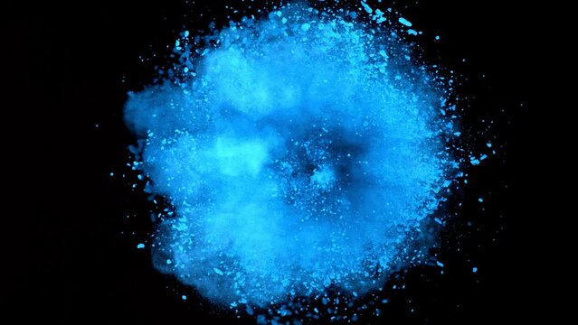 Super Slow Motion Shot of Rotating Blue Powder Expolosion Isolated on Black Background at 1000fps.