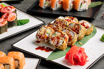 Tempura fried maki sushi rolls with unagi sauce