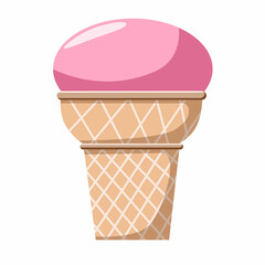 delicious pink ice cream. Sweet summer treat in a waffle cone. Vector illustration in cartoon style.