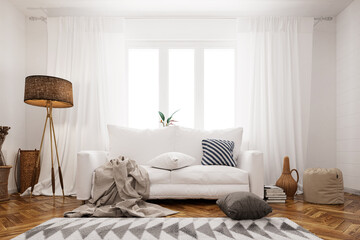Helles Wohnzimmer mit Sofa im skandinavischen Stil - obrazy, fototapety, plakaty