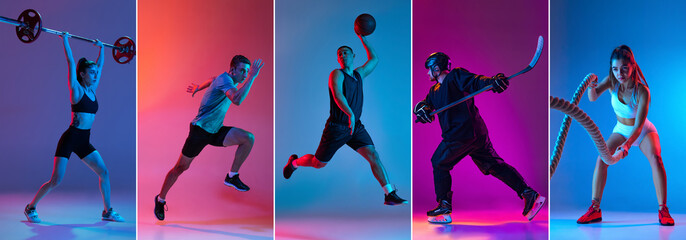 Set of portraits of professional sportsmen in sports uniform isolated on multicolored background in neon light. Flyer. Advertising, sport life concept - obrazy, fototapety, plakaty