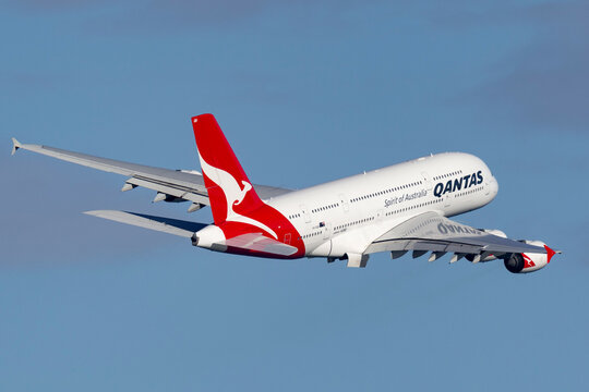  Sydney, Australia - October 8, 2013: Qantas Airbus A380 large four engined passenger aircraft taking off from Sydney Airport.