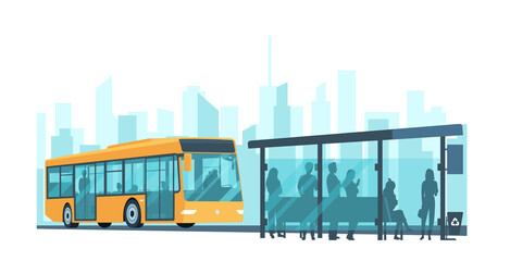 City passenger bus and stop with passengers on the background of an abstract cityscape. Vector illustration. - obrazy, fototapety, plakaty