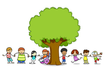 Gruppe Kinder an Baum als Umweltschutz Konzept - obrazy, fototapety, plakaty