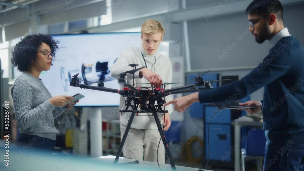 Poster young engineers create innovative program for drones at modern scientific laboratory. team of aviati
