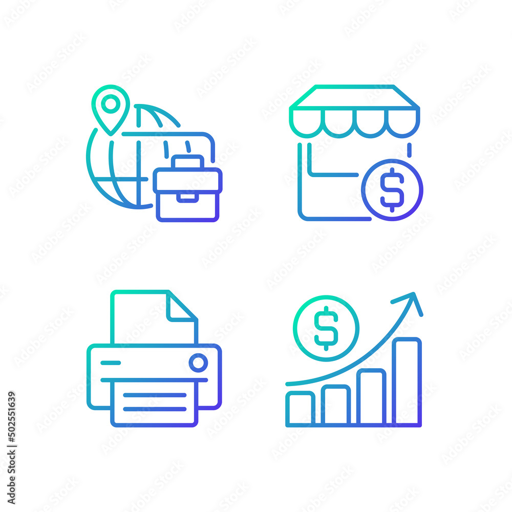 Poster business development gradient linear vector icons set. traveling for company purposes. e commerce. o