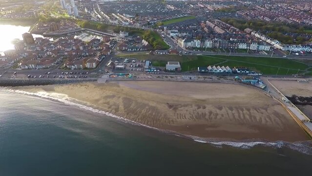 Roker Beach, Sunderland on a calm day. Aerial drone shot.