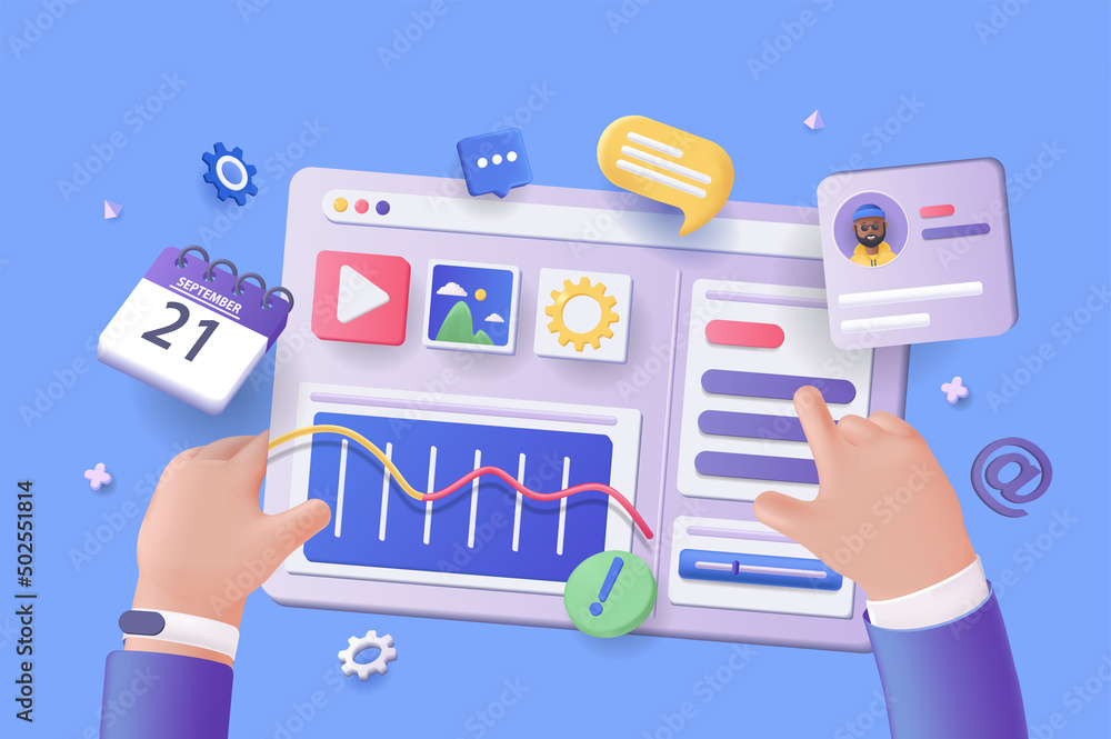 Poster digital business concept 3d illustration. icon composition with businessman interact with dashboard 
