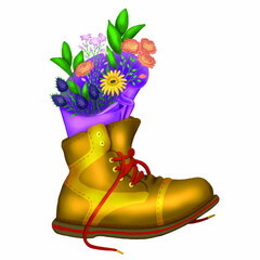 A bouquet of flowers in a boot. Isolated stock vector illustration