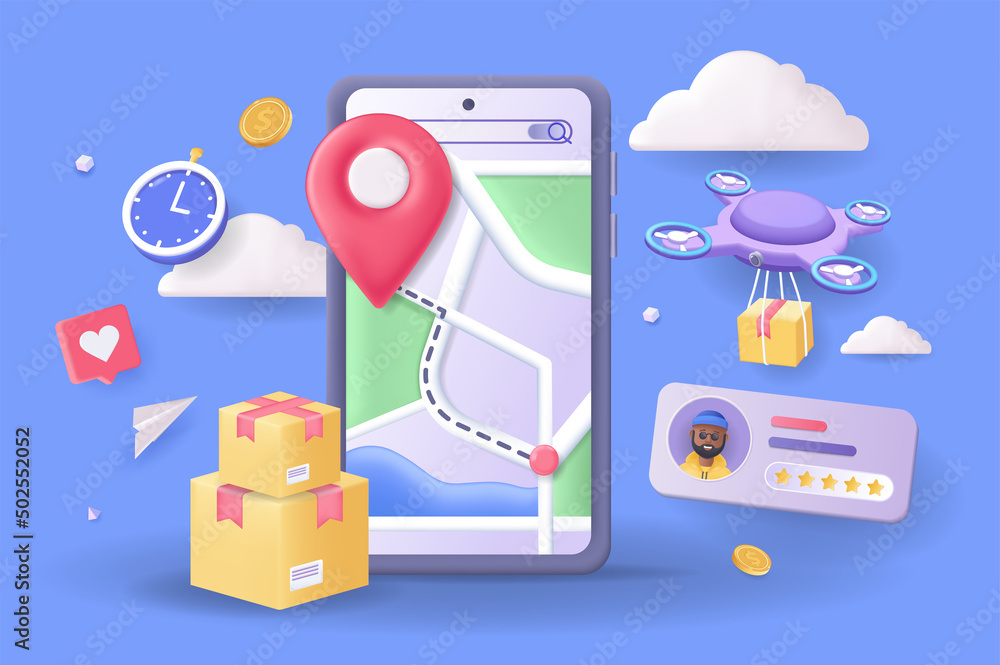 Aufkleber Online delivery tracking concept 3D illustration. Icon composition with smartphone display with map, shopping and order delivery service with flying drone. Vector illustration for modern web design